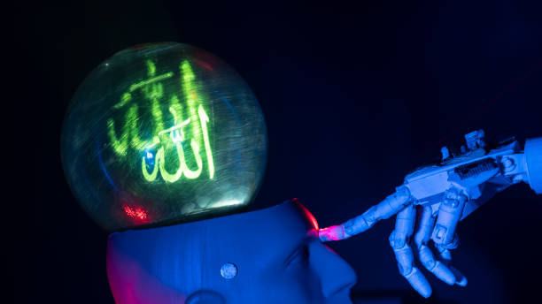 istock Humanoid robot hand touching cyborg shaped bust with arabic text GOD is written on brain, for machine learning 1372224449