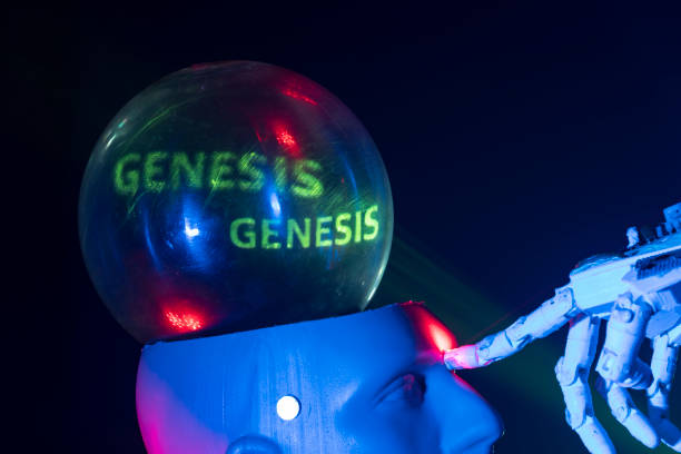 istock Humanoid robot hand touching cyborg shaped bust with text GENESIS is written on brain, for machine learning 1372224469
