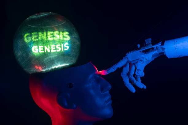 istock Humanoid robot hand touching cyborg shaped bust with text GENESIS is written on brain, for machine learning 1372224470