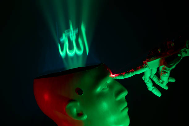 istock Humanoid robot hand touching cyborg shaped bust with arabic text GOD is written on brain, for machine learning 1372224471