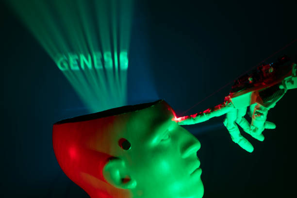 istock Humanoid robot hand touching cyborg shaped bust with text GENESIS is written on brain, for machine learning 1372224480
