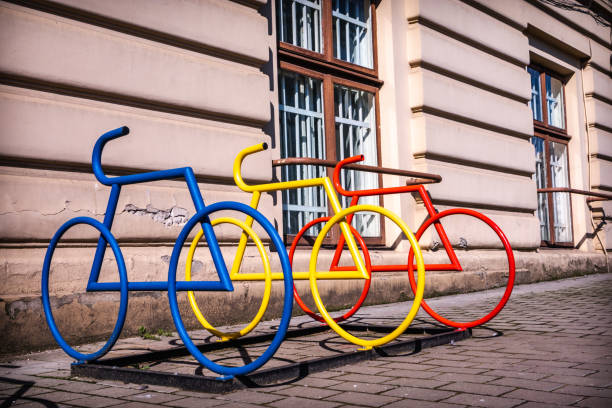 Colorful bicycle rack on the pavement