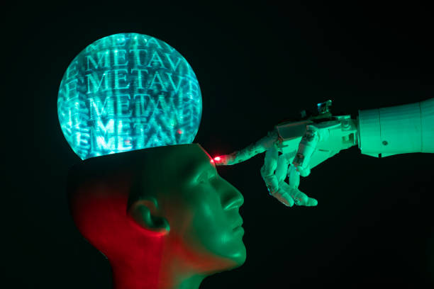 istock Humanoid robot hand touching cyborg shaped bust with brain text METAVERSE is written on, for machine learning 1372225152