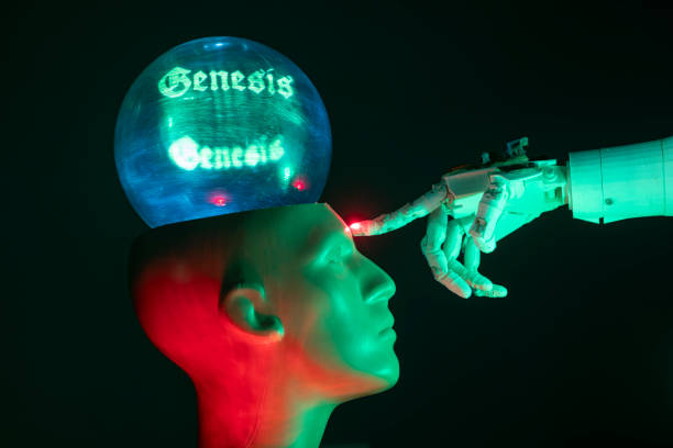 istock Humanoid robot hand touching cyborg shaped bust with text GENESIS is written on brain, for machine learning 1372225960