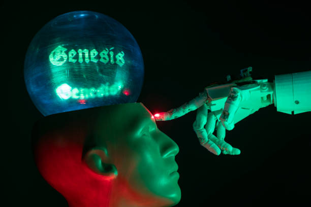 istock Humanoid robot hand touching cyborg shaped bust with text GENESIS is written on brain, for machine learning 1372225961