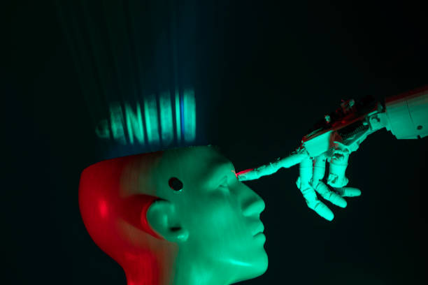 istock Humanoid robot hand touching cyborg shaped bust with text GENESIS is written on brain, for machine learning 1372226798