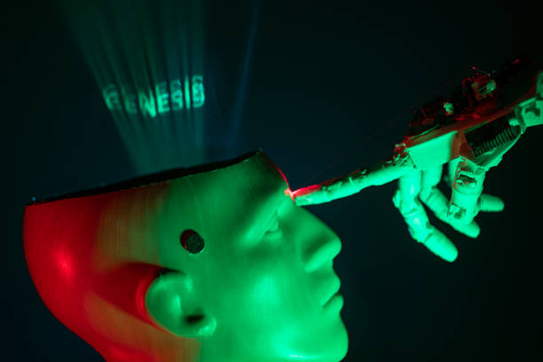 Humanoid robot hand touching cyborg shaped bust with text GENESIS is written on brain, for machine learning