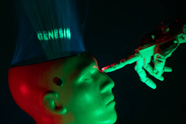 istock Humanoid robot hand touching cyborg shaped bust with text GENESIS is written on brain, for machine learning 1372226948