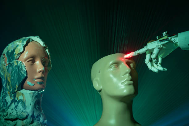 istock Humanoid robot hand aiming forefinger at cyborg shaped clay bust 1372227006