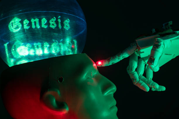 istock Humanoid robot hand touching cyborg shaped bust with text GENESIS is written on brain, for machine learning 1372227232