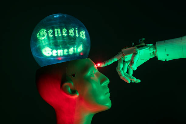 istock Humanoid robot hand touching cyborg shaped bust with text GENESIS is written on brain, for machine learning 1372227276