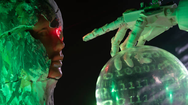 istock Robot hand pointing android with laser light in futuristic scene 1372227546