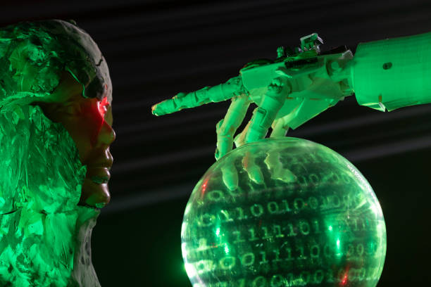 istock Robot hand pointing android with laser light in futuristic scene 1372227600