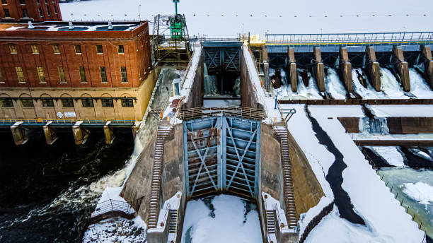 istock At dusk the old snow covered dam 1372228514