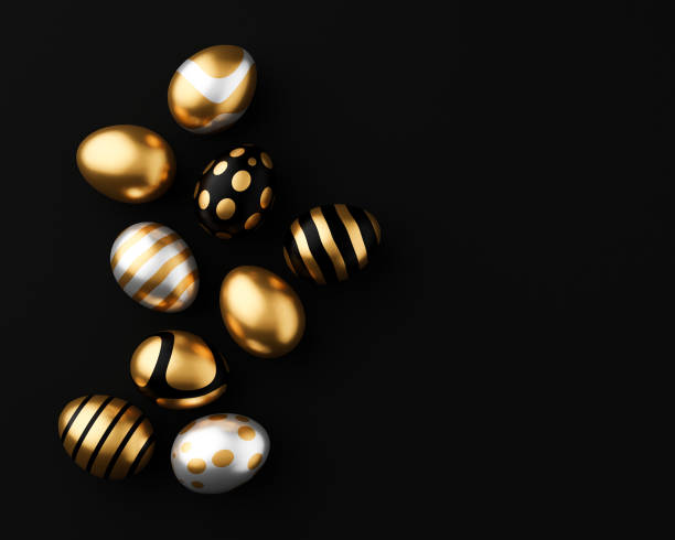 istock 3d render of gold and white Easter eggs banner on a black background. Minimal Easter concept 3d rendering frame 1372231541