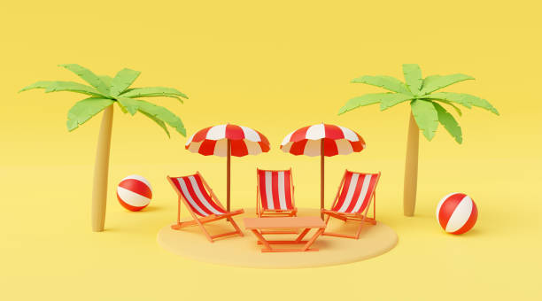 istock Summer with three beach benches, a table, a ball and two trees 1372232565