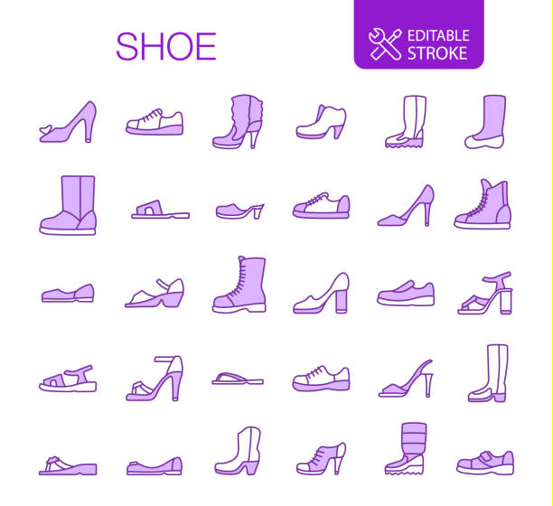 ilustraciones, imágenes clip art, dibujos animados e iconos de stock de iconos de zapatos establecer trazo editable - mule