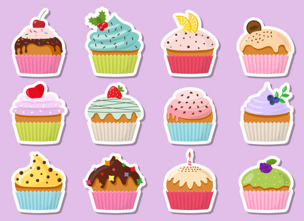 ilustraciones, imágenes clip art, dibujos animados e iconos de stock de cupcake con crema y pegatina de chocolate - muffin cupcake cake chocolate