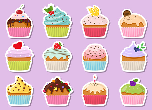 Cupcakes sticker, label with cream and chocolate set. Muffin collections decorated with cherry, blackberry and mint, candle, lemon, cookie, strawberry. Pastries sprinkled with tasty crumbs. Vector