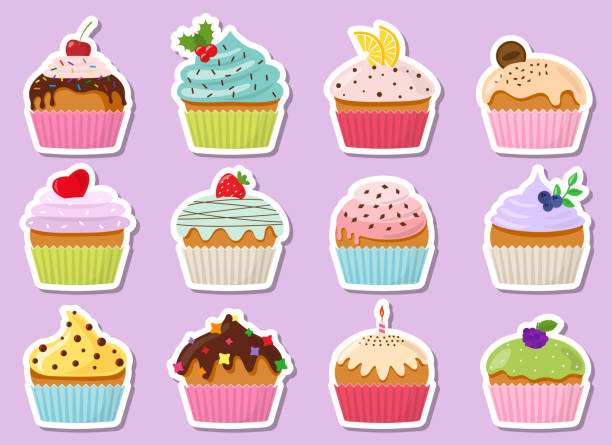 Cupcake with cream and chocolate sticker label set Cupcakes sticker, label with cream and chocolate set. Muffin collections decorated with cherry, blackberry and mint, candle, lemon, cookie, strawberry. Pastries sprinkled with tasty crumbs. Vector cupcake stock illustrations