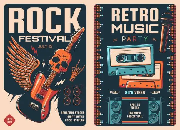 Vector illustration of Rock festival and retro music party posters
