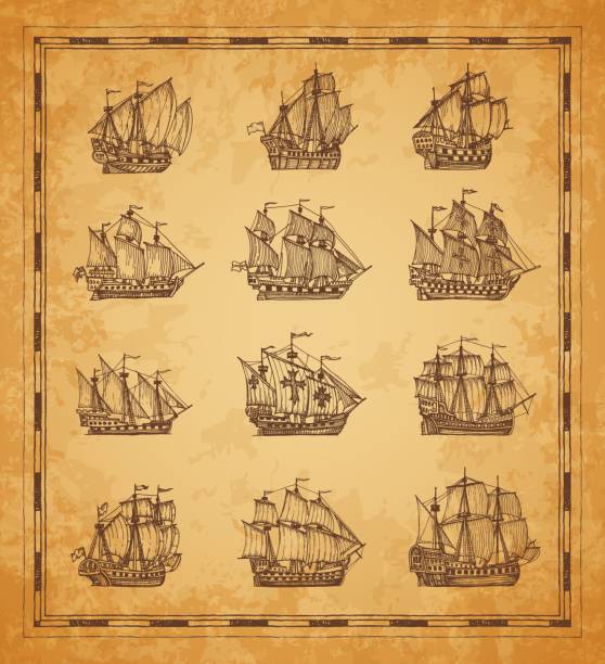 vintage piratensegelschiffe und segelbootskizzen - brigantine sailing ship old nautical vessel stock-grafiken, -clipart, -cartoons und -symbole