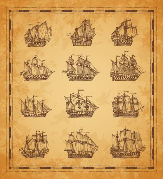Vintage pirate sail ships and sailboats sketches Vintage pirate sail ships and sailboats. Old vessel frigate, brigantine and caravel sketch. Ancient map hand drawn element, nautical travel, geographical discoveries era engraved vector battleship pirate map stock illustrations