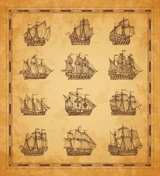 Vector illustration of Vintage pirate sail ships and sailboats sketches