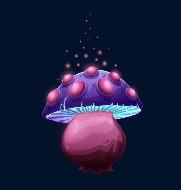 Fantasy magic purple mushroom with growths Fantasy magic purple mushroom with growth, toxic toadstool, cartoon vector icon. Luminous fairy tale magic mushroom or amanita fungi with acid blue cap and purple poisonous warts hallucinogen stock illustrations