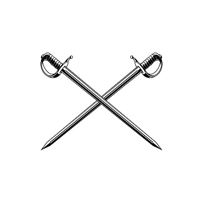 Crossed pirate sabers, swords, epees vector icon. Vintage military weapon cross, cold steel arms design elements, monochrome musketeer skewers isolated on white background