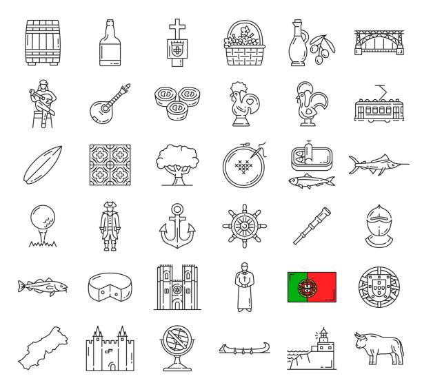 Portugal travel landmark icons or national symbols Portugal travel landmark icons and national symbols. Vector Portuguese flag, map and coat of arms, Lisbon tram and castle, Porto bridge and port wine, sardine, azulejo tile, templar knight and rooster christian fish clip art stock illustrations