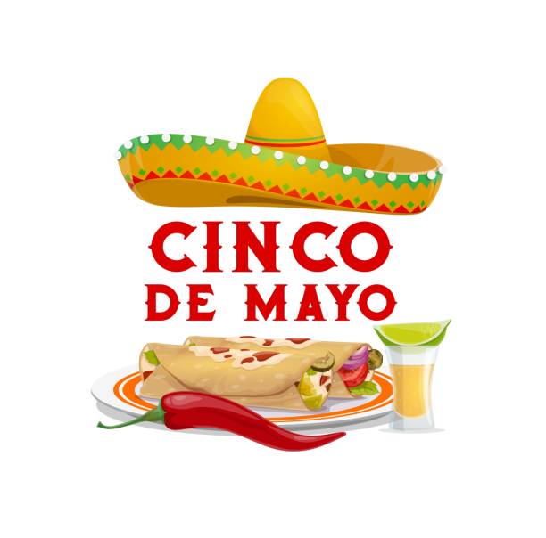Cinco de Mayo Mexican holiday food, hat hat Cinco de Mayo Mexican holiday food with sombrero hat. Vector burritos or tortilla roll sandwiches with red chilli or jalapeno pepper and tequila shot glass with lime cartoon greeting card sombrero stock illustrations