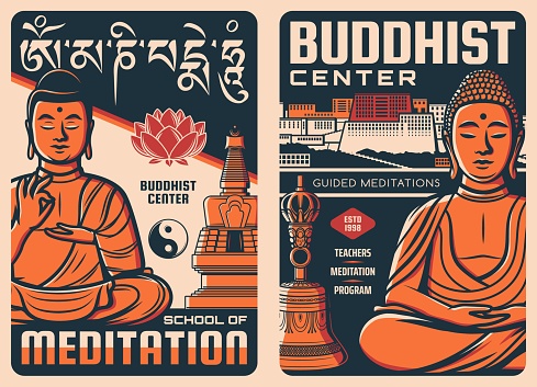 Buddhist center retro posters. Buddhism religion meditation school, oriental spiritual practices courses vintage vector banners with meditating Buddha statue, tribu bell and stupa, Potala palace