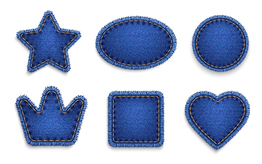 Blue jeans denim texture patches and labels. Vector crown, circle and heart star, cube. Realistic sturdy cotton twill fabric of denim jeans patches with yellow thread stitches and torn fringes edges