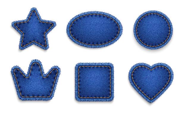 Blue jeans denim texture patches labels, stitches Blue jeans denim texture patches and labels. Vector crown, circle and heart star, cube. Realistic sturdy cotton twill fabric of denim jeans patches with yellow thread stitches and torn fringes edges patchwork stock illustrations