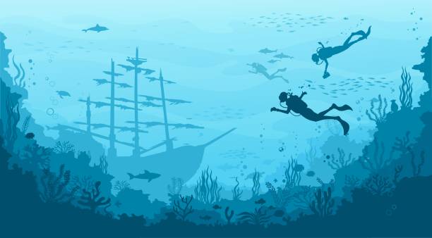 Underwater landscape with sunken ship and divers Underwater landscape with sunken sailing ship and divers. Seabed seascape, pirate treasures on sea bottom vector background with antique ship on seafloor. Ocean aquatic scene with divers and dolphins underwater stock illustrations