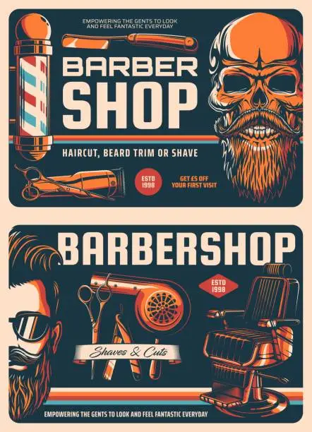 Vector illustration of Barbershop retro posters, skull with beard, razor
