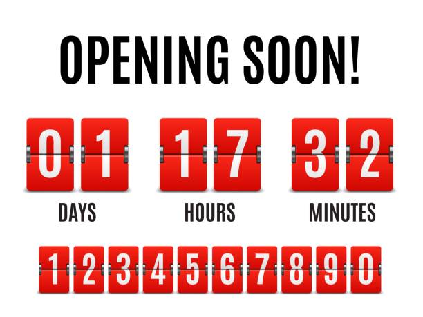 Coming soon time chronometer count down flip board Coming soon time chronometer, count down flip board, flip countdown clock counter. Vector timer 3d chronometer, isolated numbers from one to zero days, hours and minutes. Store opening promotion, sale timer stopwatch red isolated stock illustrations