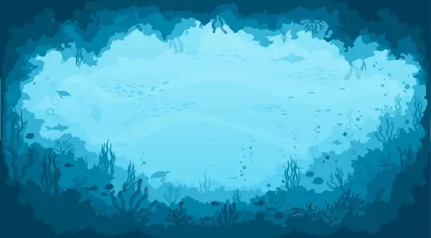 Vector illustration of Deep sea cave landscape with seaweed and reef