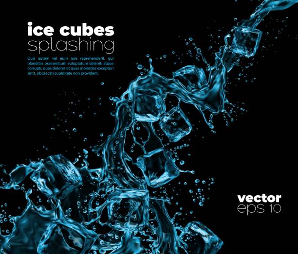 ilustraciones, imágenes clip art, dibujos animados e iconos de stock de ola de agua azul y salpicaduras en cascada con cubitos de hielo - water flowing water pouring ice