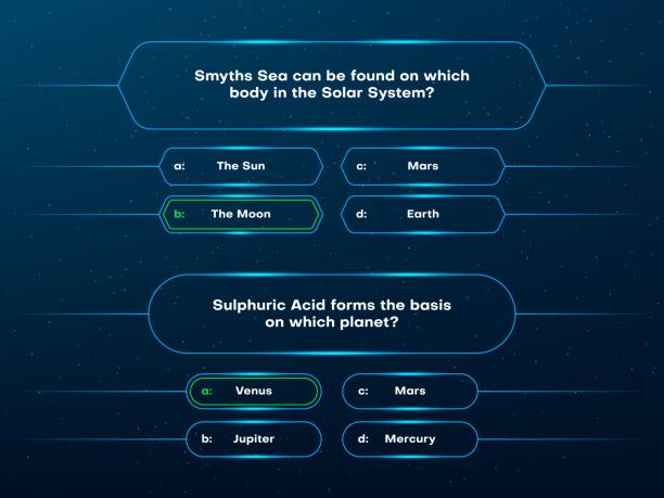 Quiz questions and test menu choice Quiz questions and test menu choice neon template. TV show or trivia game vector layout. Quiz game or intellectual challenge contest template, screen with question and answer options in frames leisure games stock illustrations