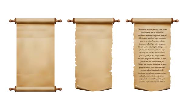 old parchment paper scroll and papyrus manuscript - musevilik illüstrasyonlar stock illustrations