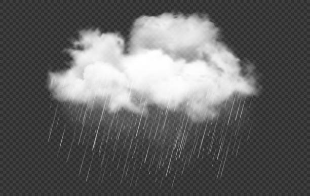 Realistic white cloud with rain drops, rainstorm Realistic white cloud with rain drops, rainstorm, raincloud, rainfall or cyclone weather vector. 3d rain cloud or cumulus isolated on transparent background, cloudy and rainy sky with downpour rain stock illustrations