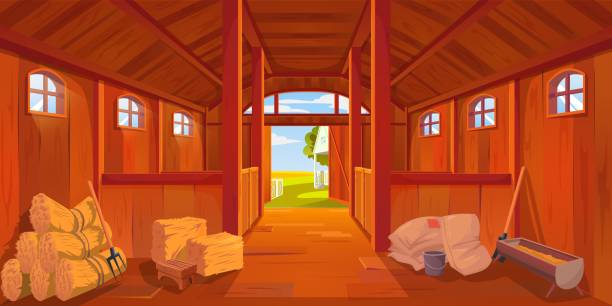 ilustraciones, imágenes clip art, dibujos animados e iconos de stock de establo de granja de dibujos animados o interior de granero con pajar - horse stall stable horse barn