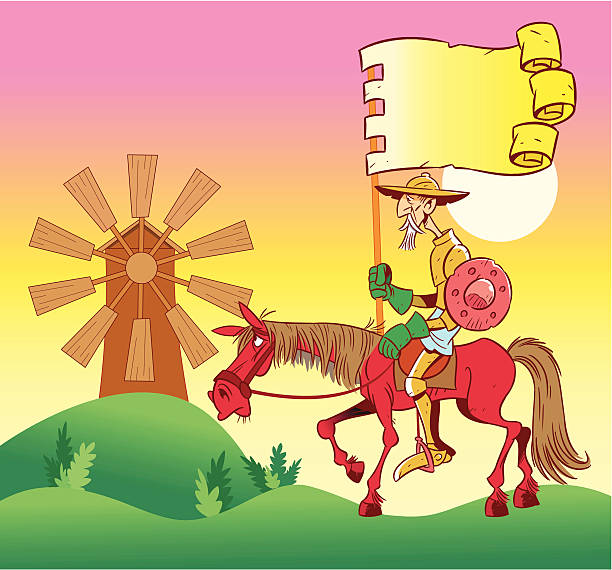 Don Quixote In the illustration, Don Quixote on horseback, he goes to windmills.Illustration done in cartoon style. don quixote stock illustrations