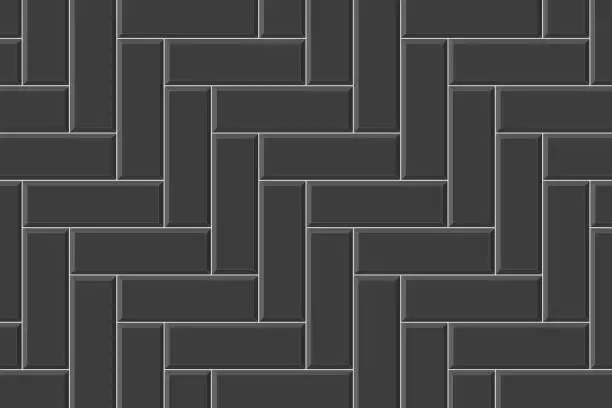 Vector illustration of Black herringbone metro tile. Kitchen backsplash or bathroom floor surface seamless pattern. Subway stone or ceramic brick wall background