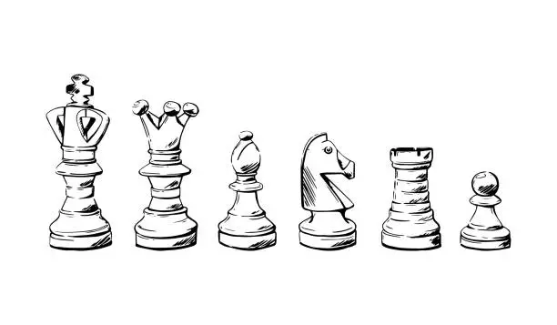 Vector illustration of Set of chess pieces sketch. 6 hand-drawn black chess game.
