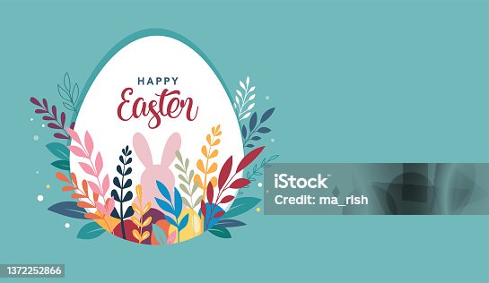 istock Happy Easter banner, poster, greeting card. Trendy Easter design with typography, bunnies, flowers, eggs, bunny ears, in pastel colors. Modern minimal style 1372252866