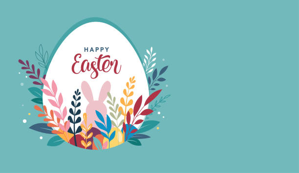 happy easter banner, poster, greeting card. trendy easter design with typography, bunnies, flowers, eggs, bunny ears, in pastel colors. modern minimal style - 复活节 幅插畫檔、美工圖案、卡通及圖標