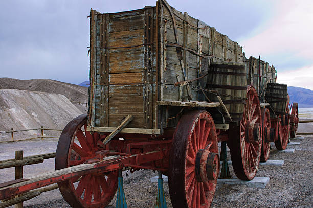 Wooden wagon used to haul borax ore in Death Valley stock photo